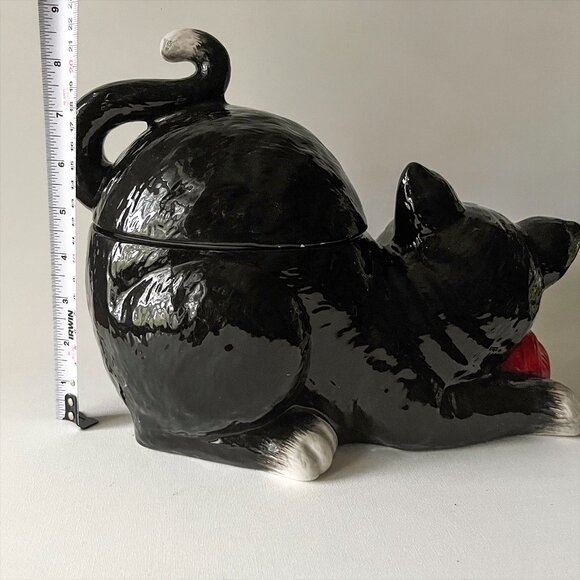 Vintage Tuxedo Cat Cookie Jar Ceramic Black White Kitten w/ Red Yarn Ball Rare - Picture 11 of 12